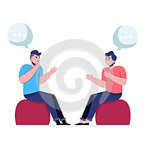 Two men communicating sitting in chairs facing each other having in conversation