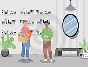 Two men in cosmetic products for men store vector flat illustration. Boy choosing fresh natural cosmetics.