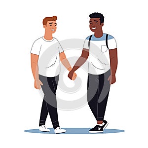 Two men different ethnicities smiling holding hands, showcasing friendship. Both males
