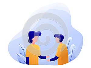 Two men discuss, businessmen talk to each other, chat, vector illustration, flat style, gradient