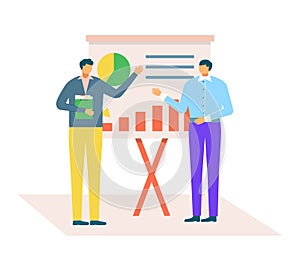 Two men discussing business data on presentation chart. Office workers analyzing sales graph and reports. Presentation