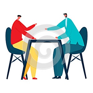 Two men discussing at table, professional meeting, disagreement concept. Business meeting, argument, negotiation vector