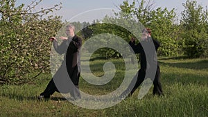 Two men do Wushu exercises in the fresh air. Master and disciple of tai Chi