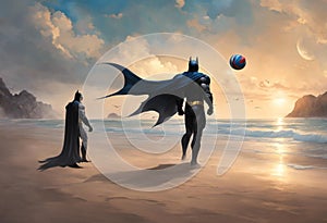 two men dressed in batman outfits on a beach next to a beach ball