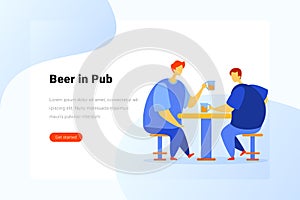 Two Men drink Beer in Pub Bar and talking sitting at Table Flat vector illustration. Landing Page design template