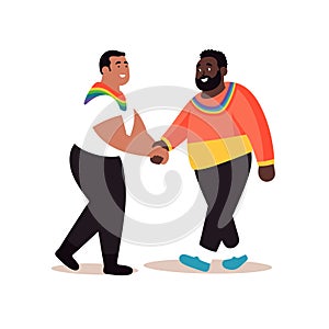 Two men engaging friendly handshake, one wearing rainbow scarf, Caucasian African descent, diverse photo