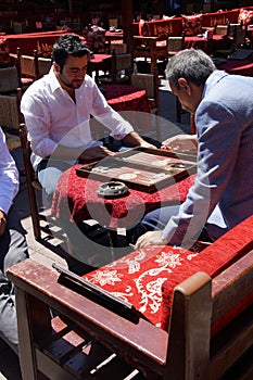 Two men enjoying a game of backgammon
