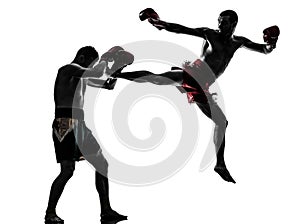 Two men exercising thai boxing silhouette