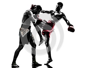 Two men exercising thai boxing silhouette