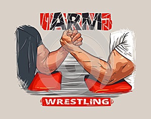 Two men fighting arm wrestling. Vector illustration