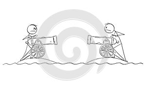 Two Men fighting in War With Field Artillery Guns on Separated Islands, Vector Cartoon Stick Figure Illustration