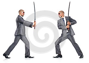 Two men figthing with the sword isolated on white