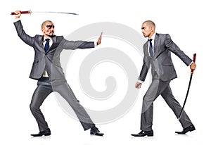 Two men figthing with the sword isolated on white