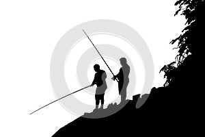 Two Men Fishing at Shore Silhouette Illustration