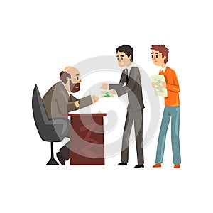 Two men giving money to get permission, official taking a bribe, corruption and bribery concept vector Illustration