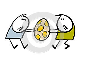 Two men got into a fight over an Easter egg. Vector illustration of stickmens tearing out colorful egg, arguing who