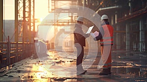 Two Men in Hardhats Standing in Front of a Factory. Generative AI.