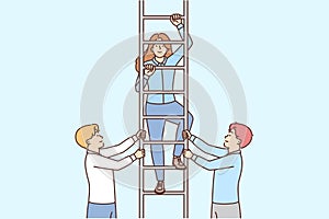 Two men hold ladder with girl for concept close-knit business team and career success