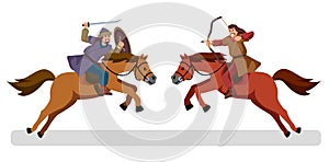 Two men on horses are fighting on the battlefield, archer and swordsman