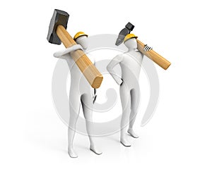 Two men with huge sledgehammer and hammer