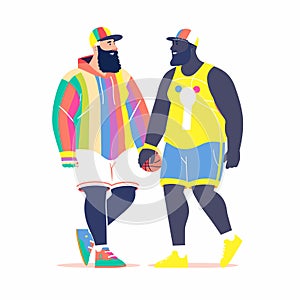 Two men illustrated walking side side, one holding basketball. Man left wears colorful rainbow