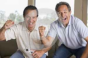 Two men in living room cheering