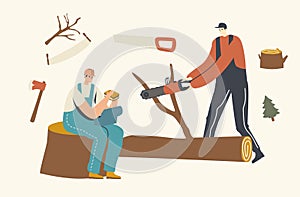 Two Men Loggers Cutting Trees and Eating Lunch. Character Sawing Logs in Forest. Wood Industry Worker with Saw Working photo