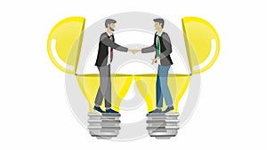 Two men making agreement about idea and shake hands. Vector illustration.