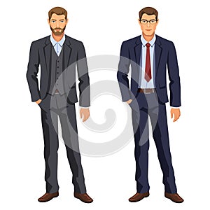 Two men. Man in business suit. Elegant young cartoon businessman