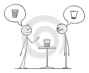 Two Men Meaning if Glass Is Half Empty or Half Full, Vector Cartoon Stick Figure Illustration