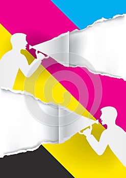 Two Men with megaphone tearing  paper with CMYK colors, promotion background.