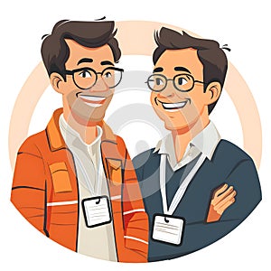 Two men in name tags share a happy smile, standing side by side