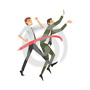 Two men in office clothes joyfully runs through red tape cartoon vector illustration