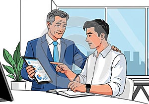 Two men are in an office setting, engaged in a discussion. The older man in a blue suit and tie is