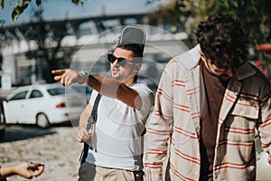 Two men outdoors with one pointing and showing directions photo