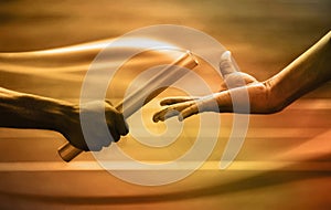 Two men passing golden baton in stadium. Conceptual image shot