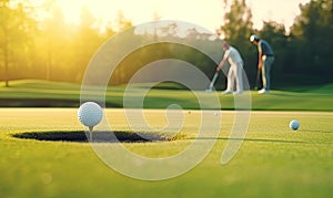 Two Men Perfecting Their Golf Swing Under the Warm Sun