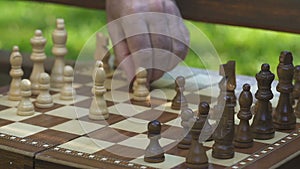 Two men playing chess on bench in park, thinking over strategy, common interests