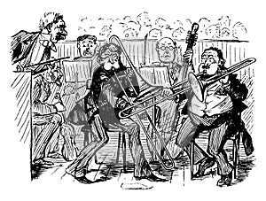 Two Men Playing Trombones, vintage illustration