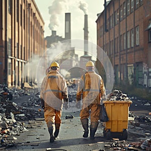 Two men, possibly garbage collectors, walk down a weathered street past a rustic dumpster, symbolizing the tireless work photo