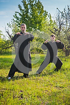 Two men practice tai Chi in a garden