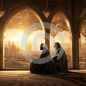 Two men praying at the great arches of mosques, sunset. Ramadan as a time of fasting and prayer for Muslims