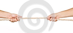 Two men pulling a rope in opposite directions isolated