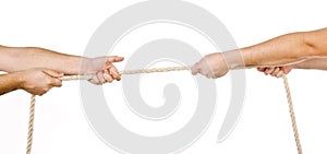 Two men pulling a rope in opposite directions isolated