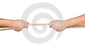 Two men pulling a rope in opposite directions isolated