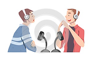 Two Men Recording Podcast Wearing Headphones, Radio Host Interviewing Guest in Studio, Podcasting Cartoon Style Vector