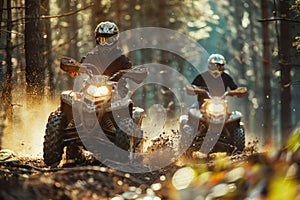 Two men riding atv quads in the forest on a sunny day