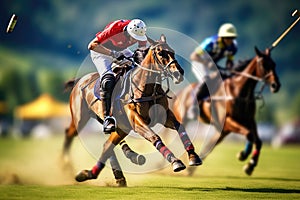 Two men riding horses race each other across a wide open field, Colorful scene from a polo match, AI Generated