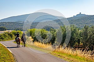 Two men are riding horses in tuscany countryside, Italy, with Capalbio skyline in background