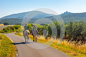 Two men are riding horses in tuscany countryside, Italy, with Capalbio skyline in background